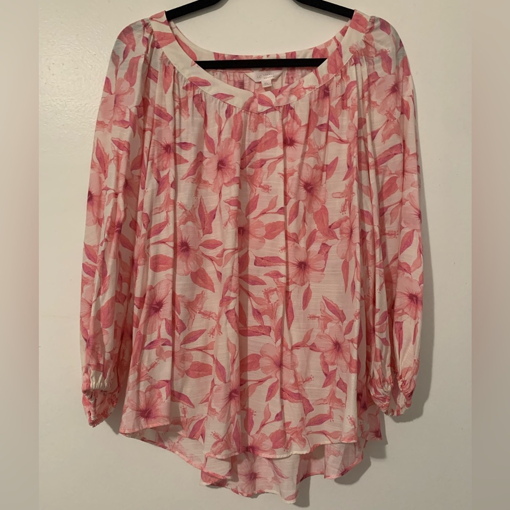 Lauren Conrad Pink Hibiscus Ballon Sleeve Blouse